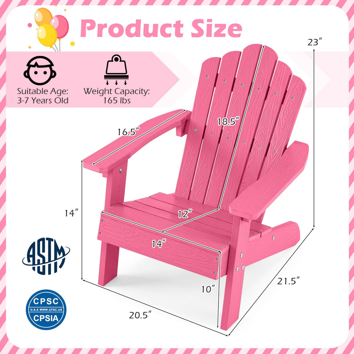 Kids Adirondack Chair All-weather Outdoor Chair for Children with Tilted High Backrest-Pink view 4
