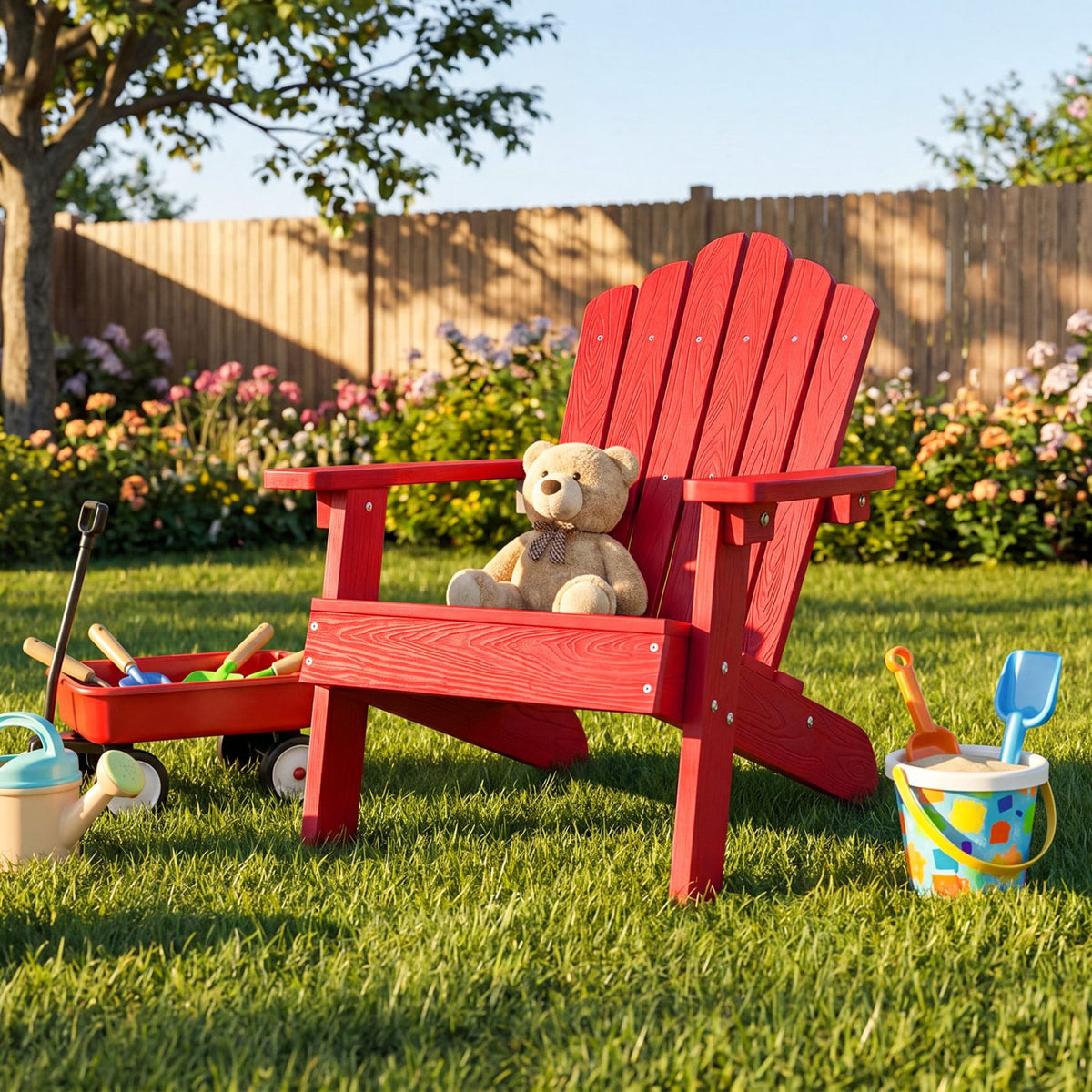 Kids Adirondack Chair All-weather Outdoor Chair for Children with Tilted High Backrest-Red view 3