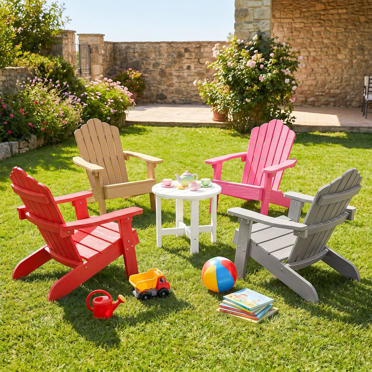 Kids Adirondack Chair All-weather Outdoor Chair for Children with Tilted High Backrest-Red view 5
