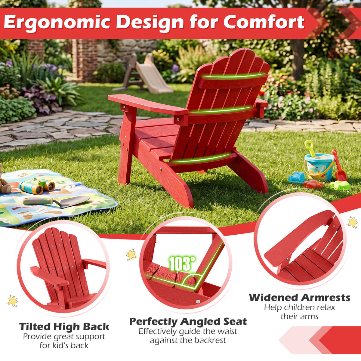 Kids Adirondack Chair All-weather Outdoor Chair for Children with Tilted High Backrest-Red view 7