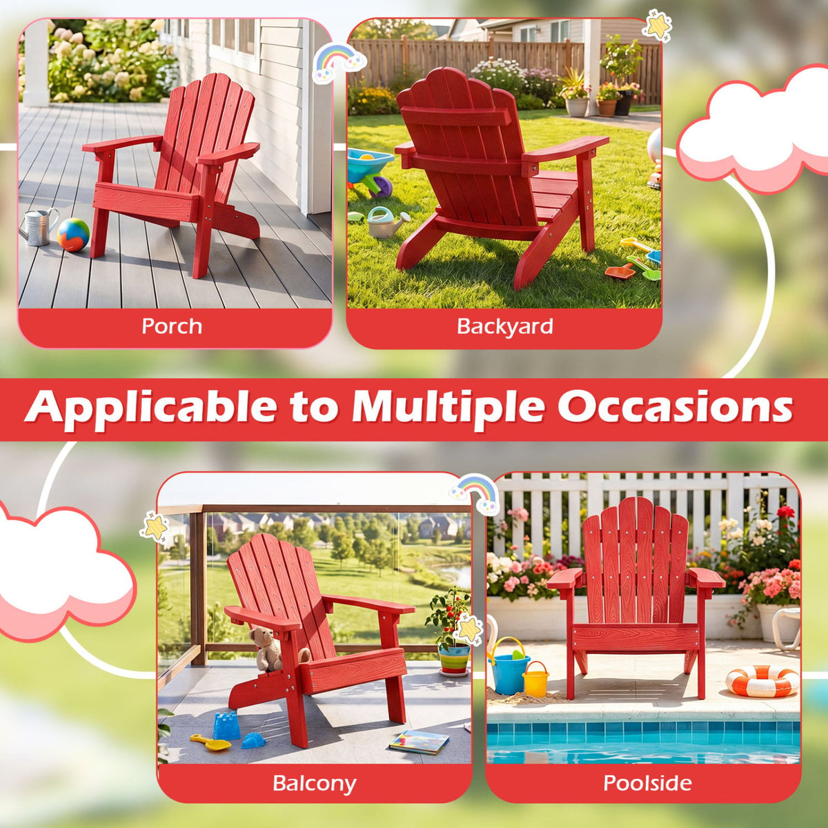 Kids Adirondack Chair All-weather Outdoor Chair for Children with Tilted High Backrest-Red view 8