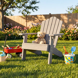 Kids Adirondack Chair All-weather Outdoor Chair for Children with Tilted High Backrest-Grey view 3