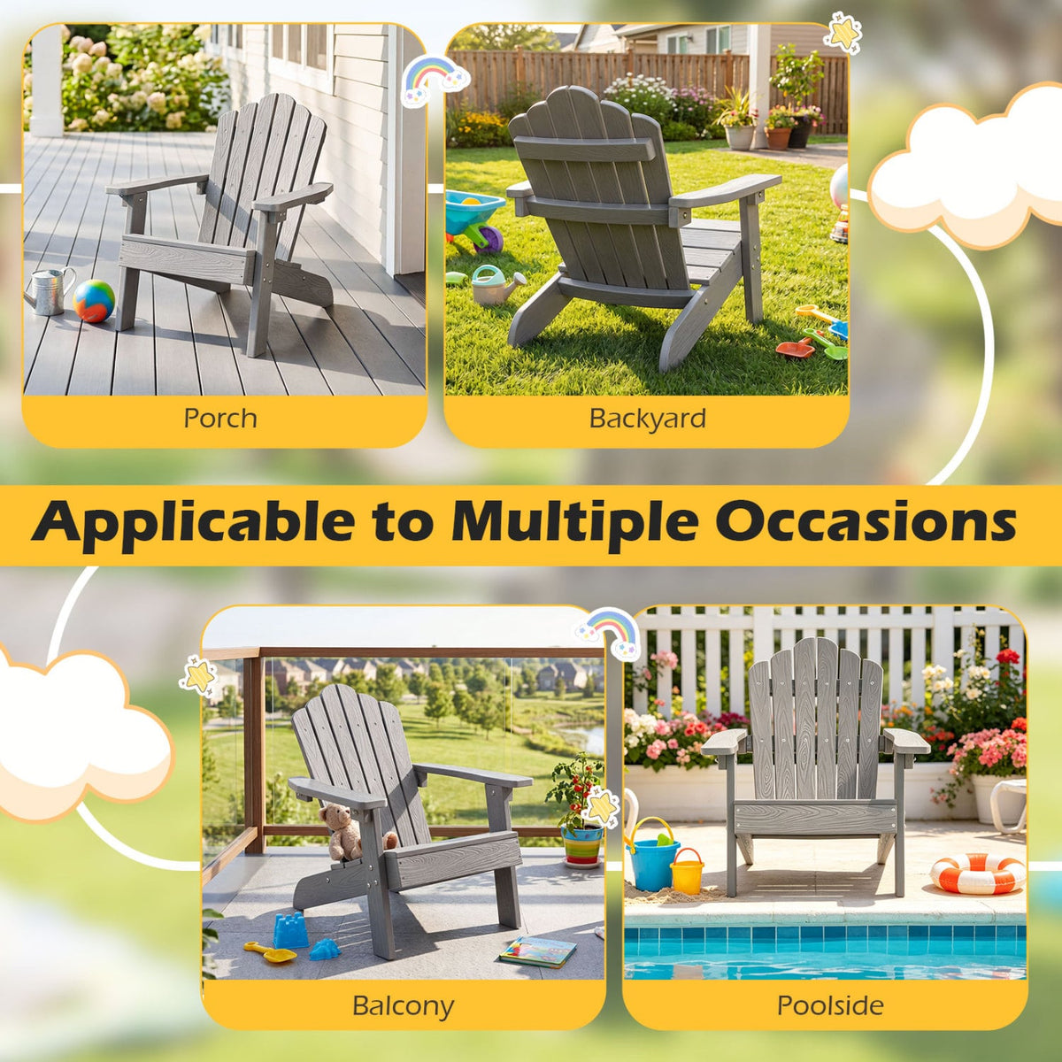 Kids Adirondack Chair All-weather Outdoor Chair for Children with Tilted High Backrest-Grey view 8