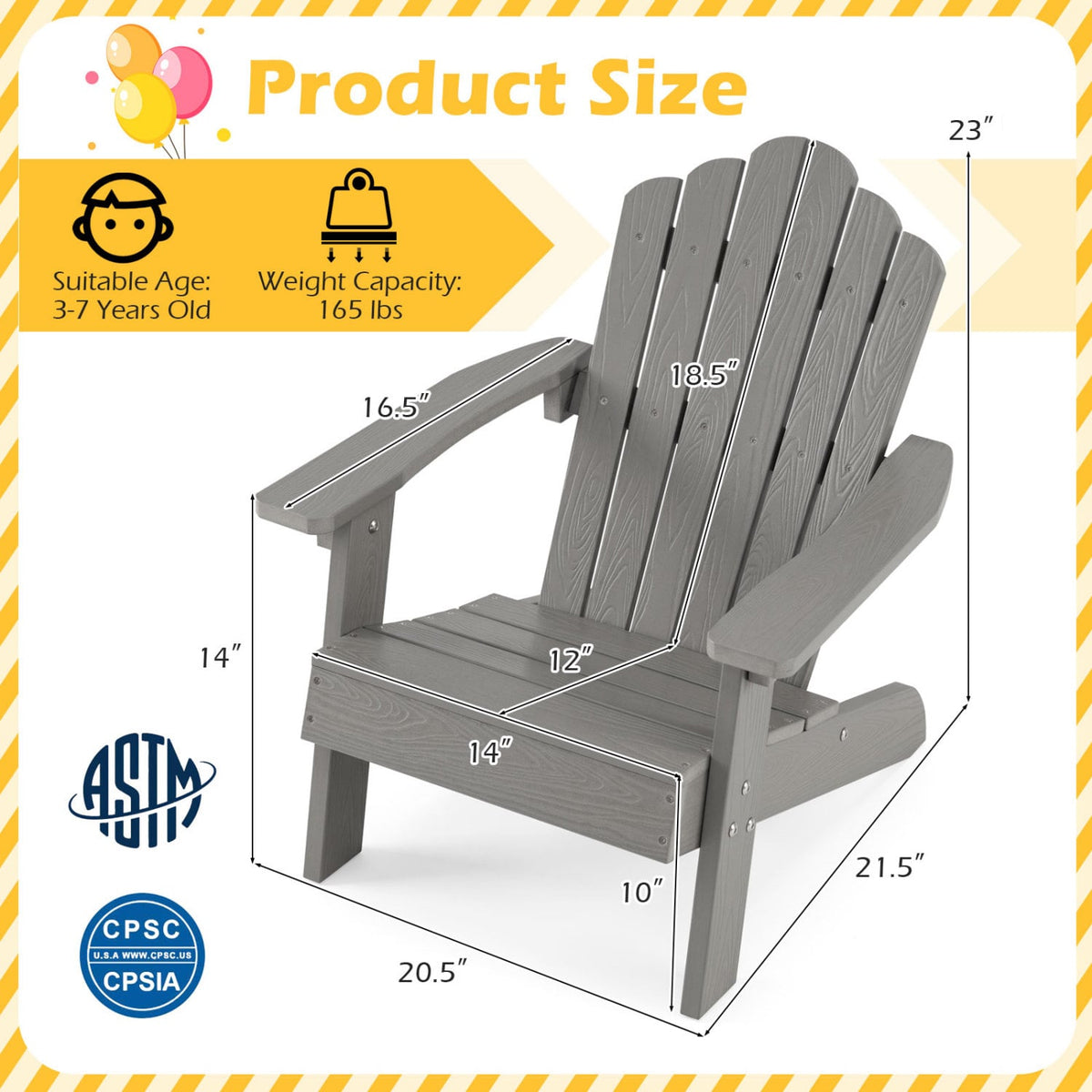 Kids Adirondack Chair All-weather Outdoor Chair for Children with Tilted High Backrest-Grey view 4