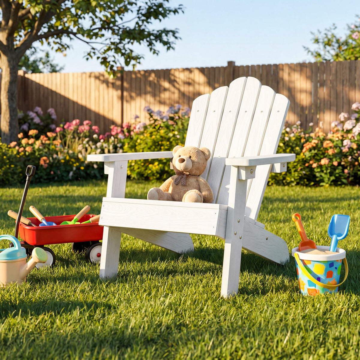 Kids Adirondack Chair All-weather Outdoor Chair for Children with Tilted High Backrest-White view 3