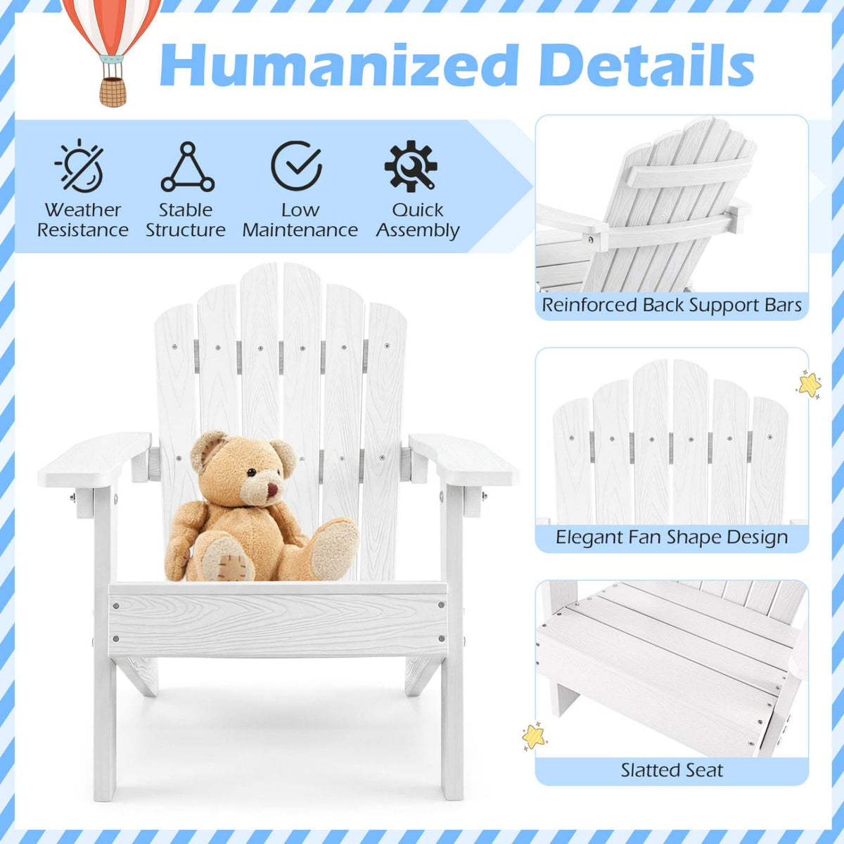 Kids Adirondack Chair All-weather Outdoor Chair for Children with Tilted High Backrest-White view 6