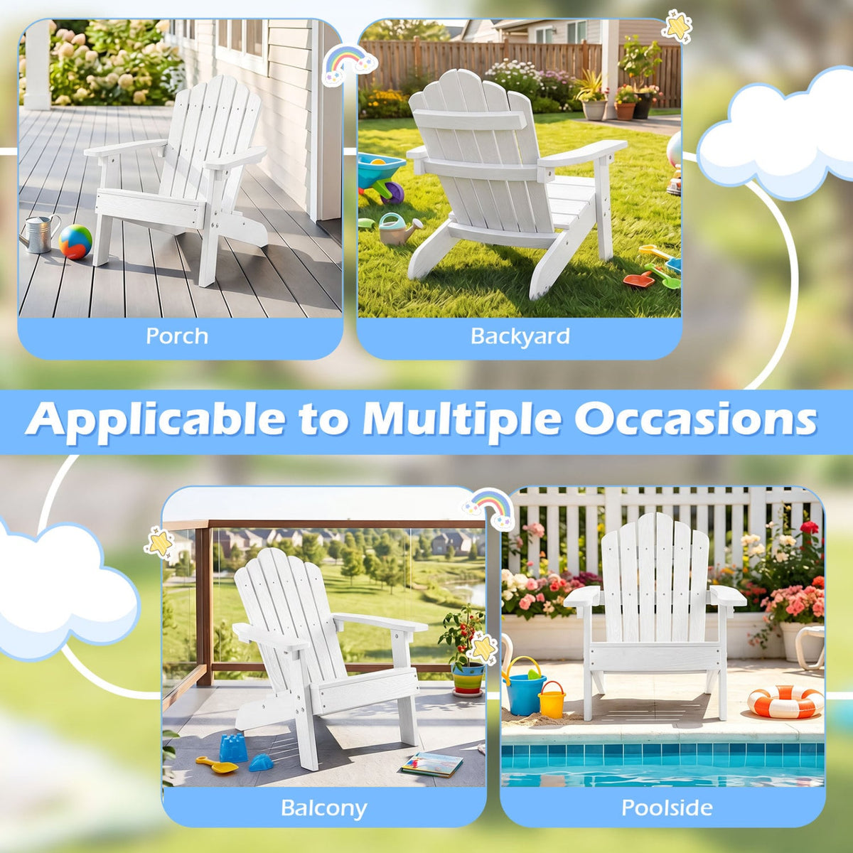 Kids Adirondack Chair All-weather Outdoor Chair for Children with Tilted High Backrest-White view 8