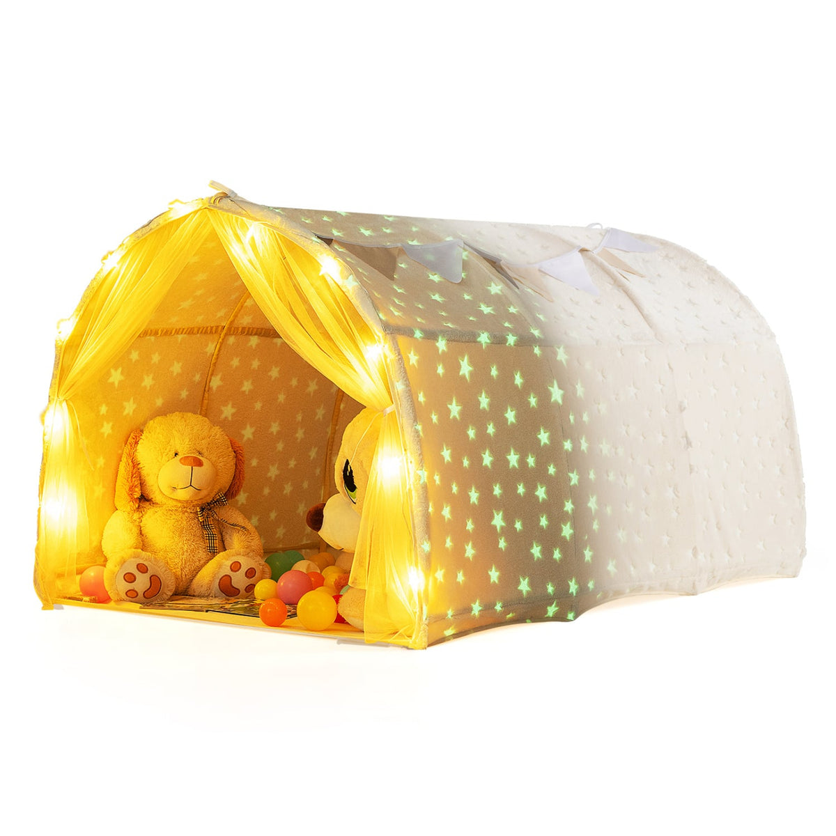 Kids Dream Bed Tent Twin Bunk Bed with Glow in the Dark Stars and Lights-Beige view 4