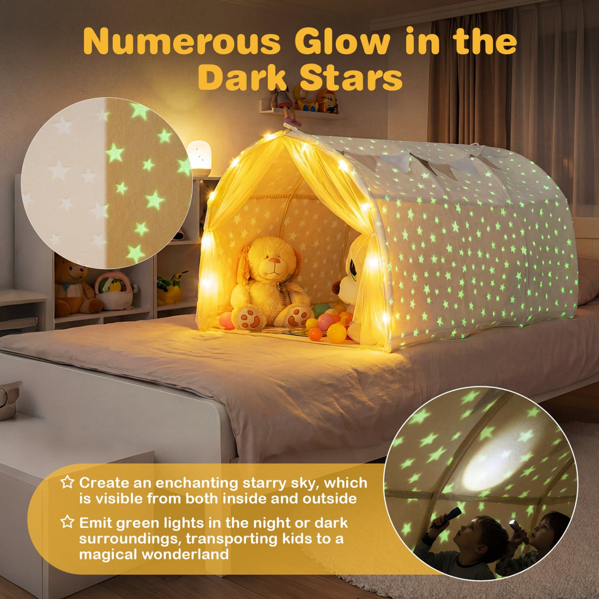 Kids Dream Bed Tent Twin Bunk Bed with Glow in the Dark Stars and Lights-Beige view 7
