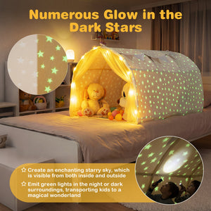 Kids Dream Bed Tent Twin Bunk Bed with Glow in the Dark Stars and Lights-Beige view 7