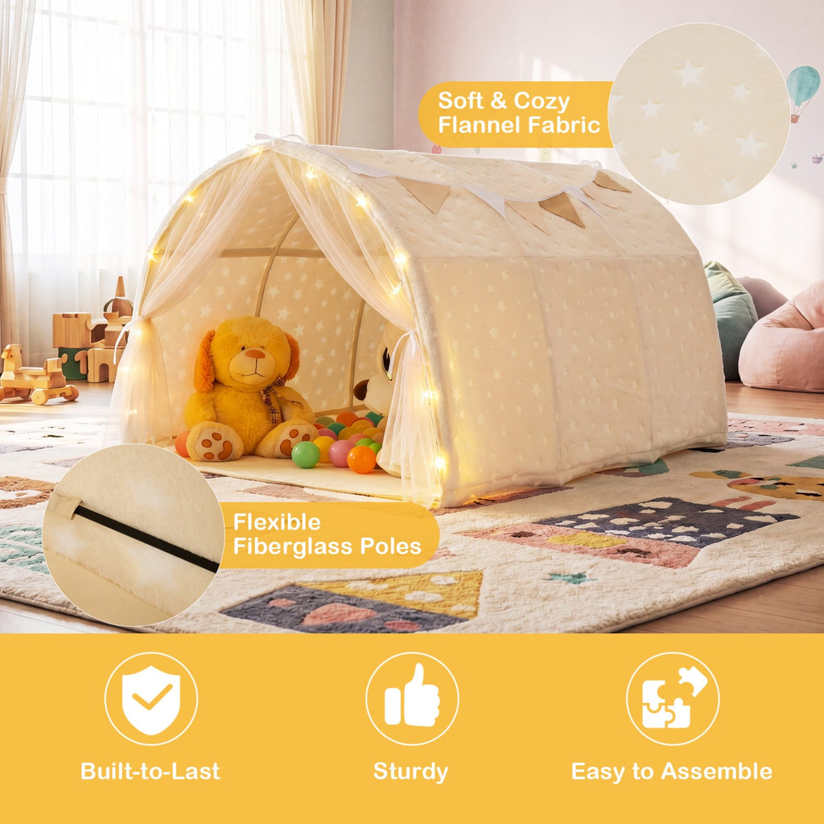 Kids Dream Bed Tent Twin Bunk Bed with Glow in the Dark Stars and Lights-Beige view 9