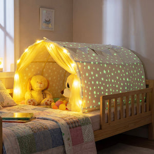 Kids Dream Bed Tent Twin Bunk Bed with Glow in the Dark Stars and Lights-Beige view 3
