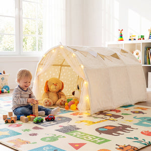 Kids Dream Bed Tent Twin Bunk Bed with Glow in the Dark Stars and Lights-Beige view 2