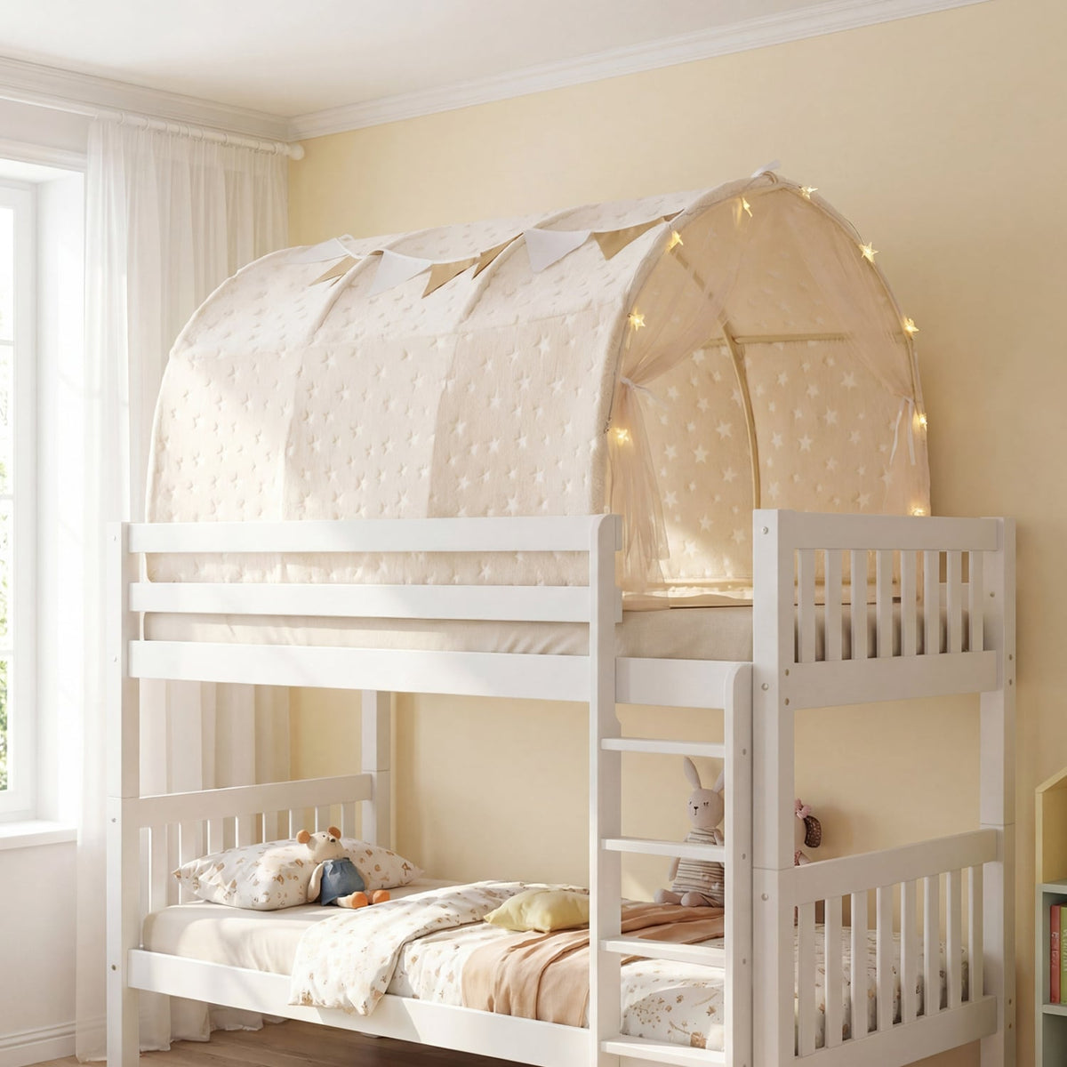 Kids Dream Bed Tent Twin Bunk Bed with Glow in the Dark Stars and Lights-Beige view 6