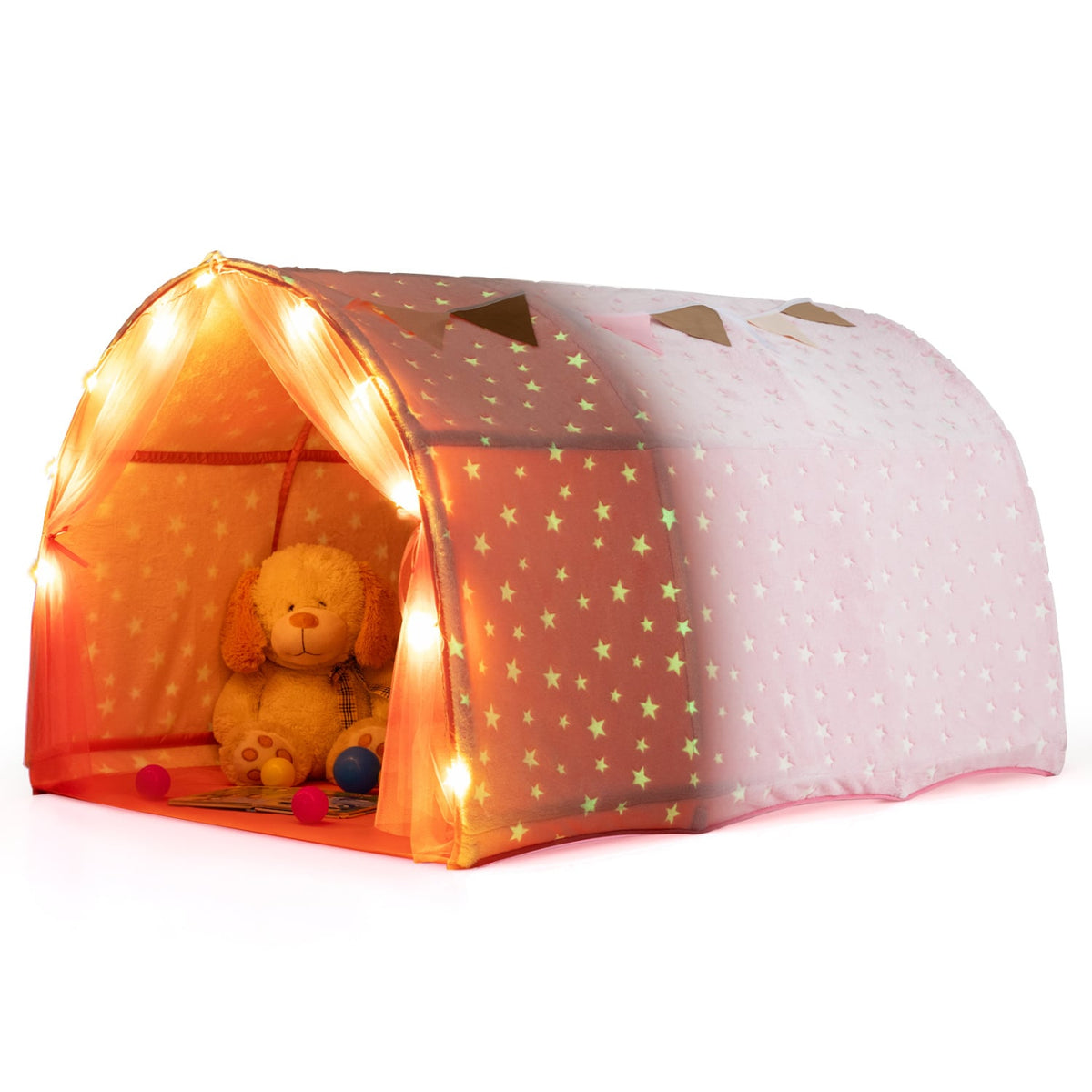 Kids Dream Bed Tent Twin Bunk Bed with Glow in the Dark Stars and Lights-Pink view 4