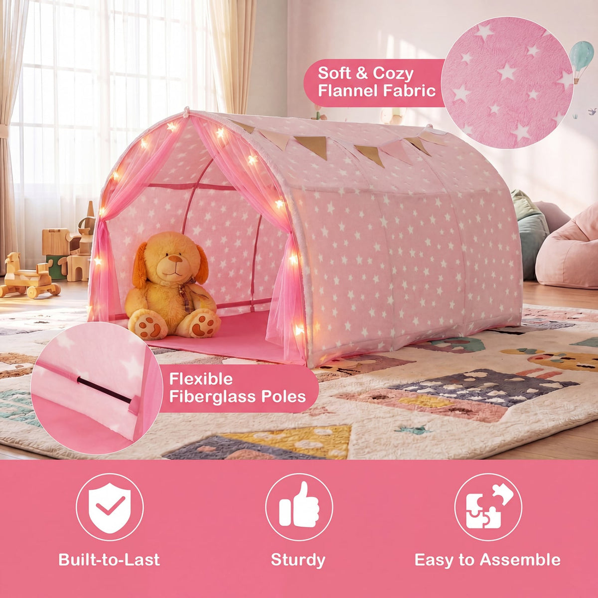 Kids Dream Bed Tent Twin Bunk Bed with Glow in the Dark Stars and Lights-Pink view 9