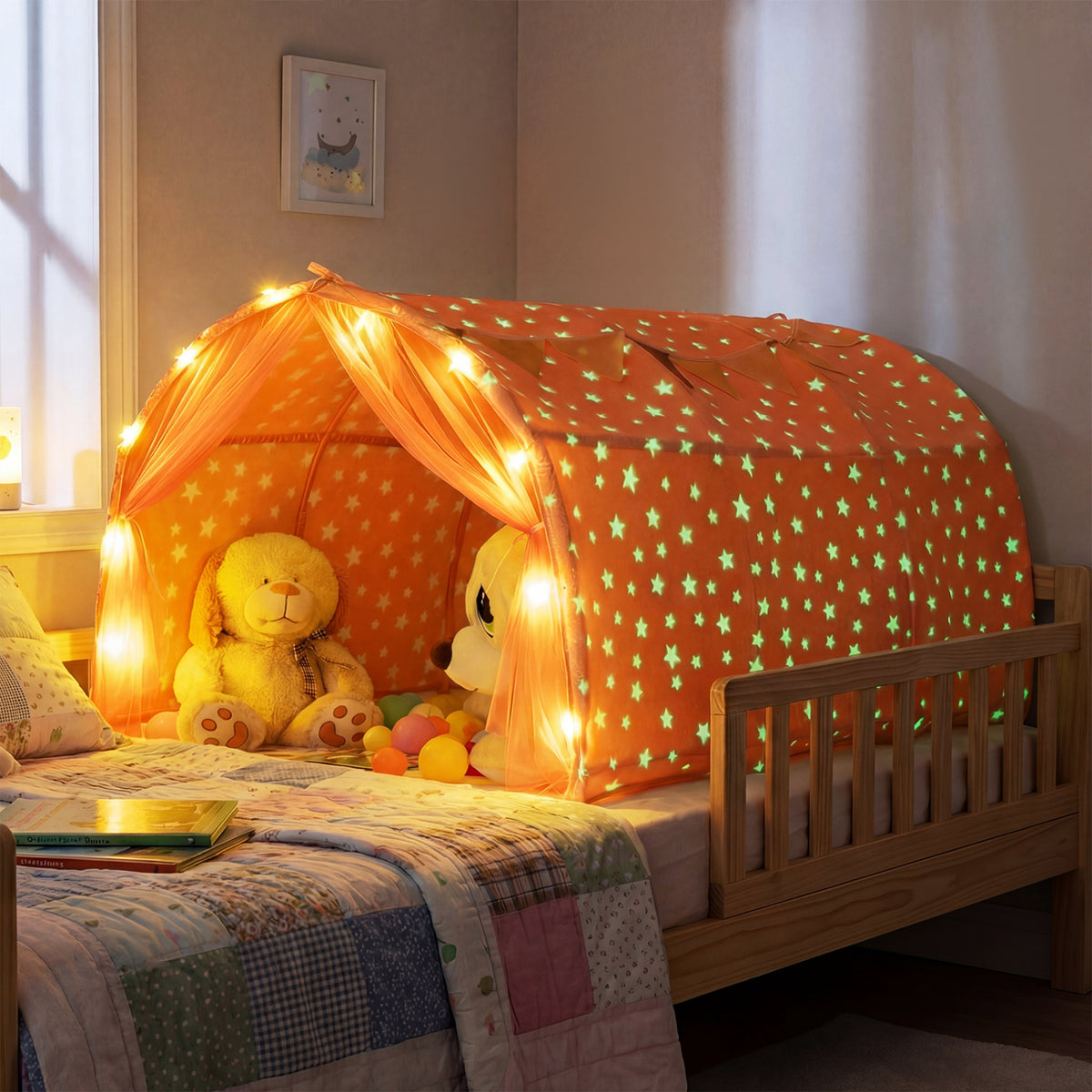 Kids Dream Bed Tent Twin Bunk Bed with Glow in the Dark Stars and Lights-Pink view 2