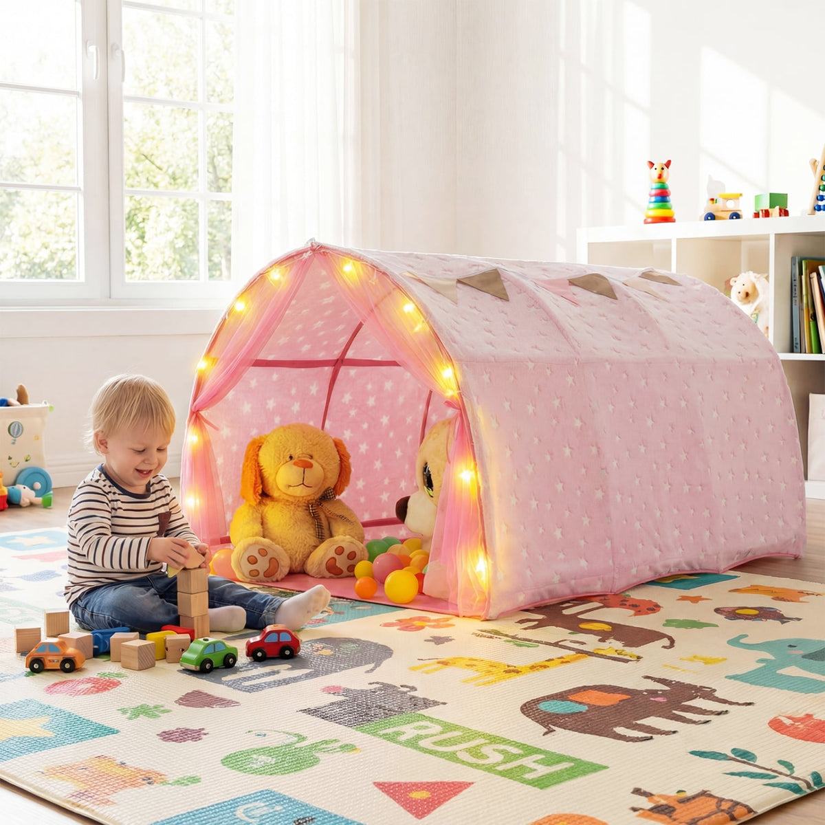 Kids Dream Bed Tent Twin Bunk Bed with Glow in the Dark Stars and Lights-Pink view 3