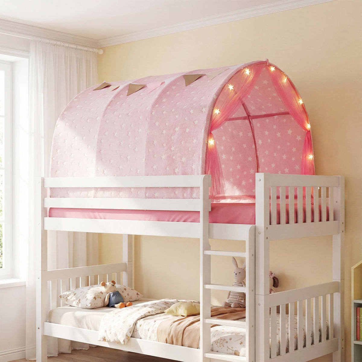 Kids Dream Bed Tent Twin Bunk Bed with Glow in the Dark Stars and Lights-Pink view 6