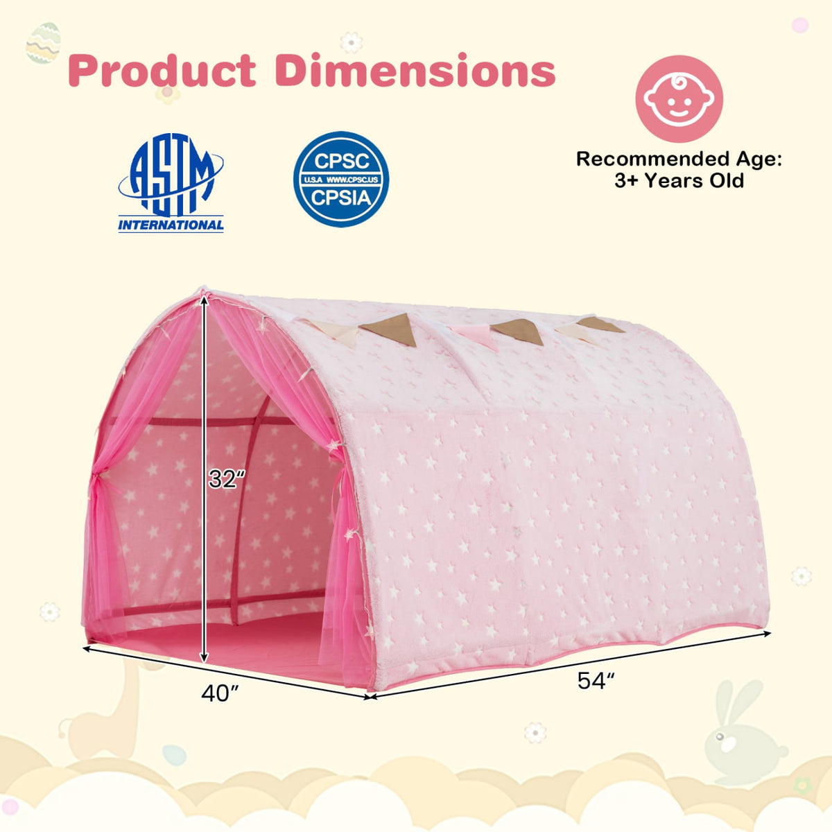 Kids Dream Bed Tent Twin Bunk Bed with Glow in the Dark Stars and Lights-Pink view 5