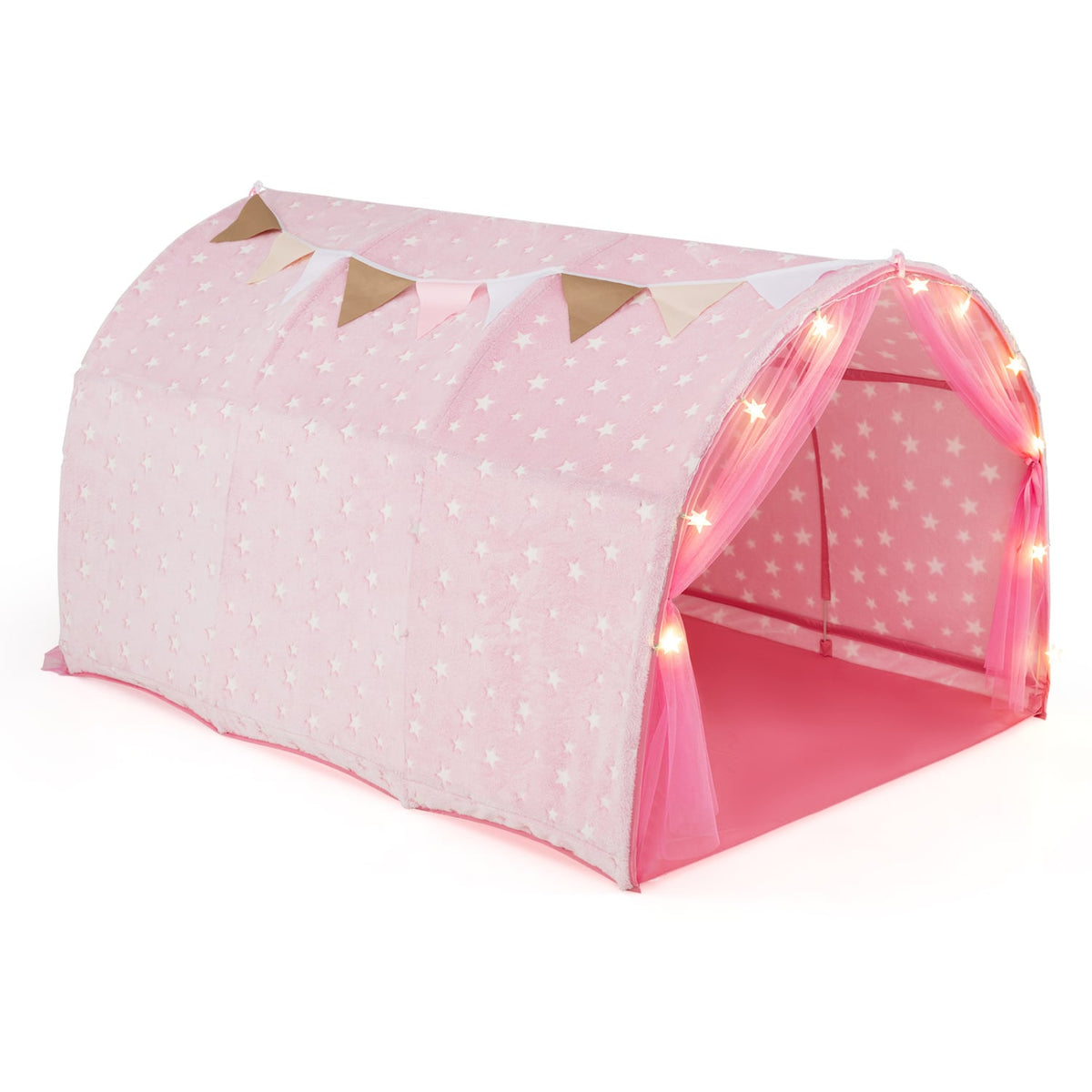 Kids Dream Bed Tent Twin Bunk Bed with Glow in the Dark Stars and Lights-Pink