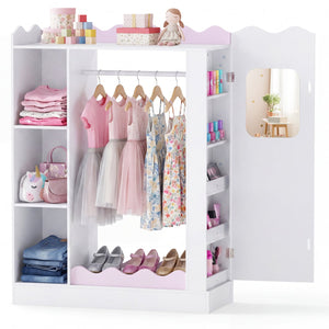 Kids Dress Up Storage with Mirrors and Hanging Rack and Shelves for Bedroom-Red view 4