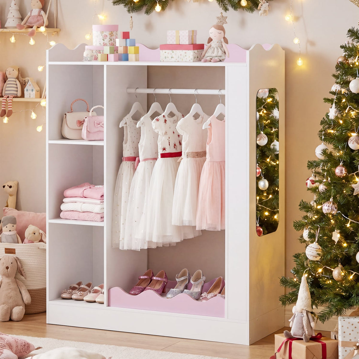 Kids Dress Up Storage with Mirrors and Hanging Rack and Shelves for Bedroom-Red view 2