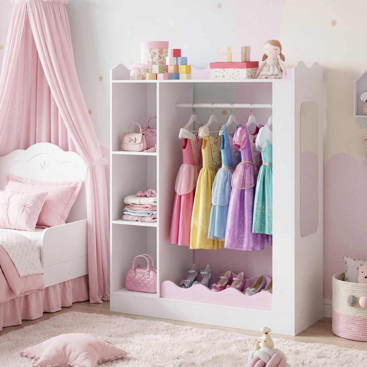 Kids Dress Up Storage with Mirrors and Hanging Rack and Shelves for Bedroom-Red view 3