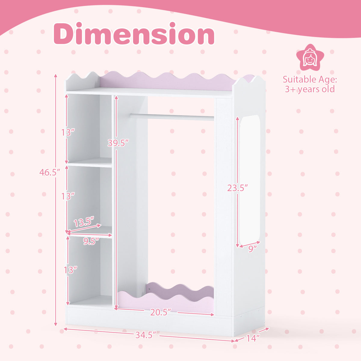 Kids Dress Up Storage with Mirrors and Hanging Rack and Shelves for Bedroom-Red view 5
