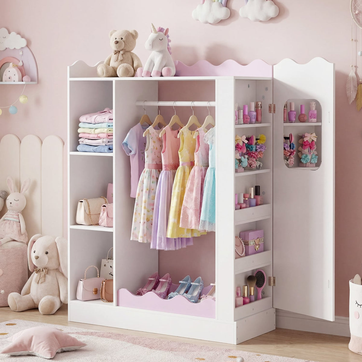 Kids Dress Up Storage with Mirrors and Hanging Rack and Shelves for Bedroom-Red view 6