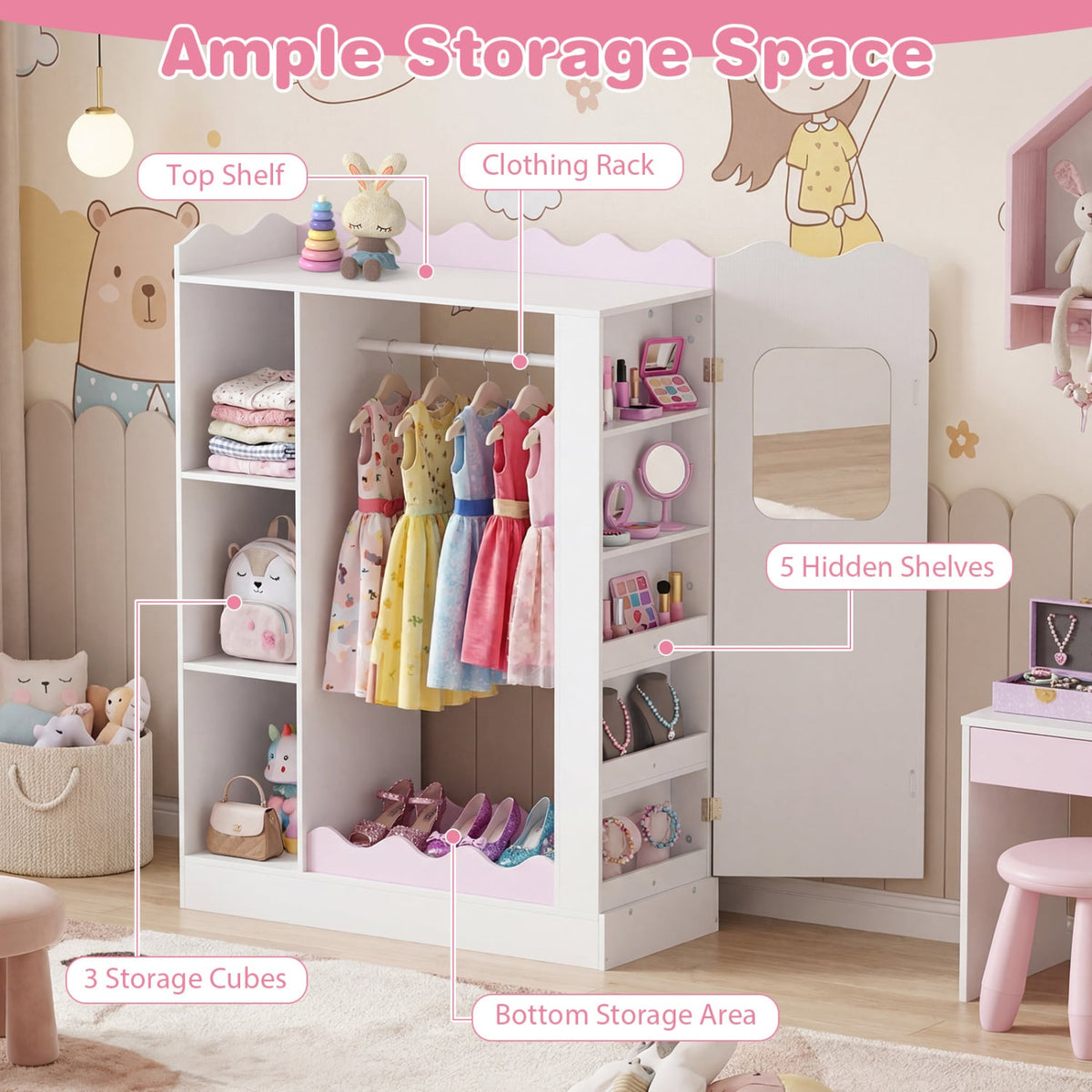 Kids Dress Up Storage with Mirrors and Hanging Rack and Shelves for Bedroom-Red view 9
