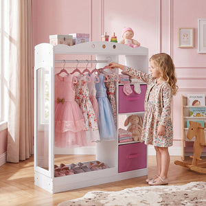 Kids Dress Up Storage with Full Length Mirror and Open Shelves- White view 3