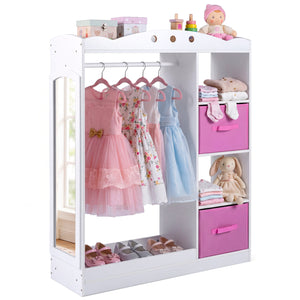 Kids Dress Up Storage with Full Length Mirror and Open Shelves- White view 4