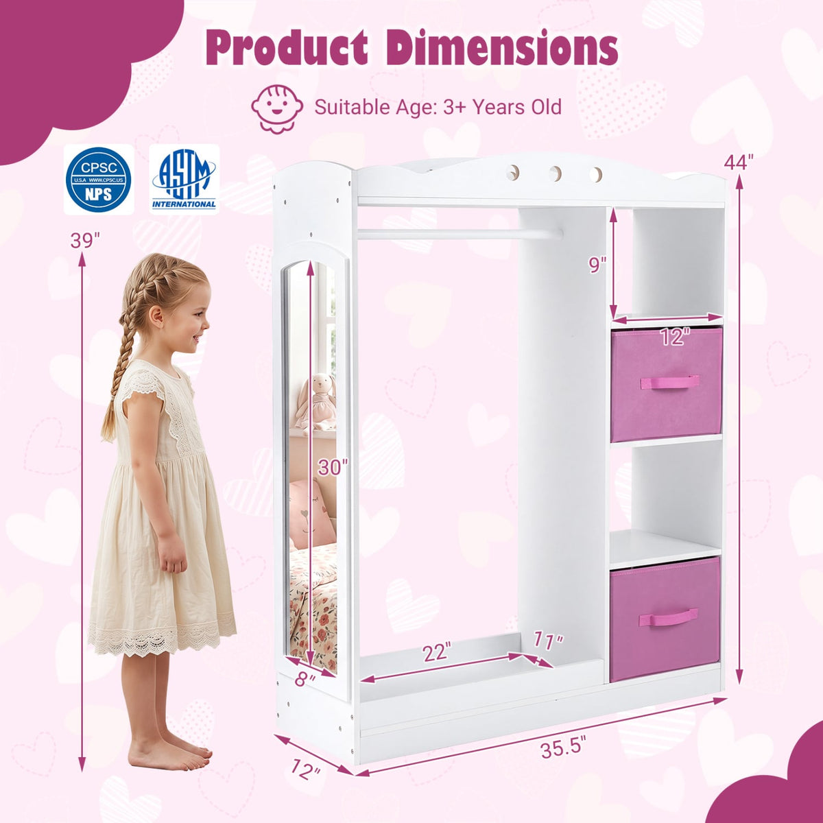 Kids Dress Up Storage with Full Length Mirror and Open Shelves- White view 5
