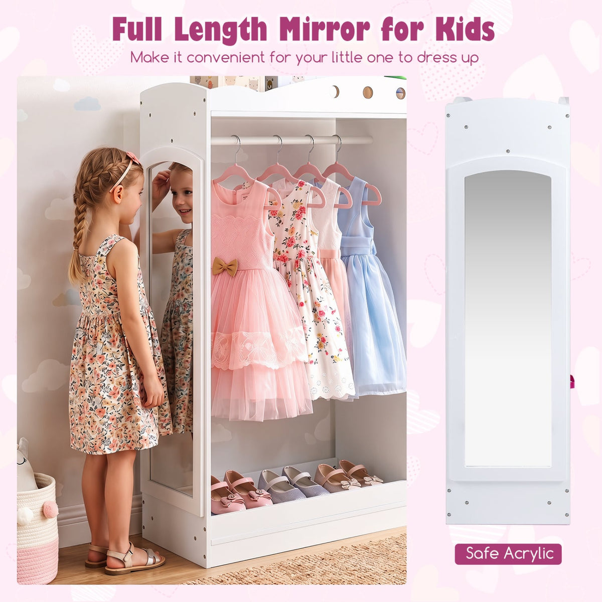 Kids Dress Up Storage with Full Length Mirror and Open Shelves- White view 7