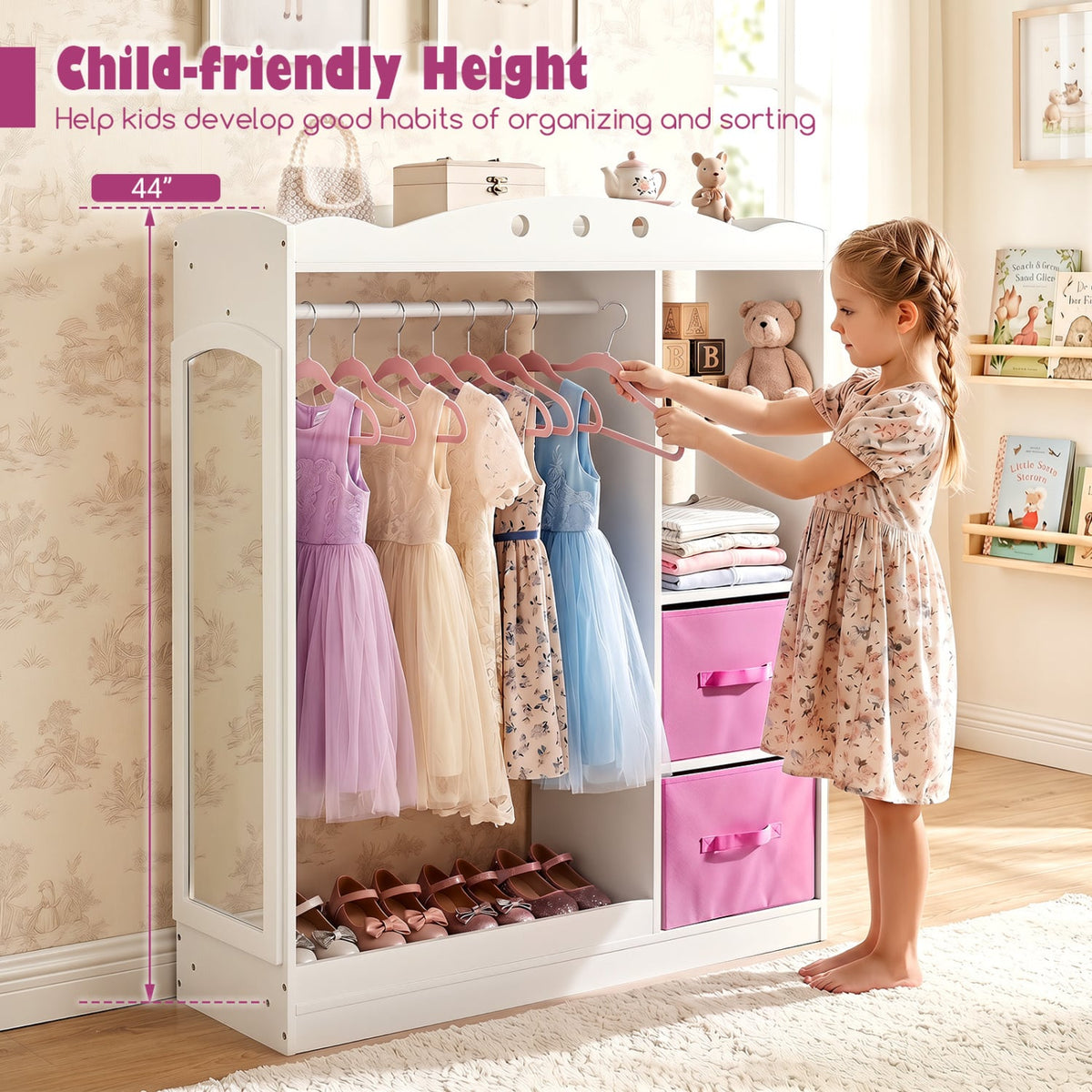 Kids Dress Up Storage with Full Length Mirror and Open Shelves- White view 8