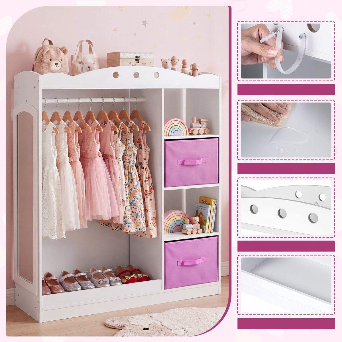 Kids Dress Up Storage with Full Length Mirror and Open Shelves- White view 9