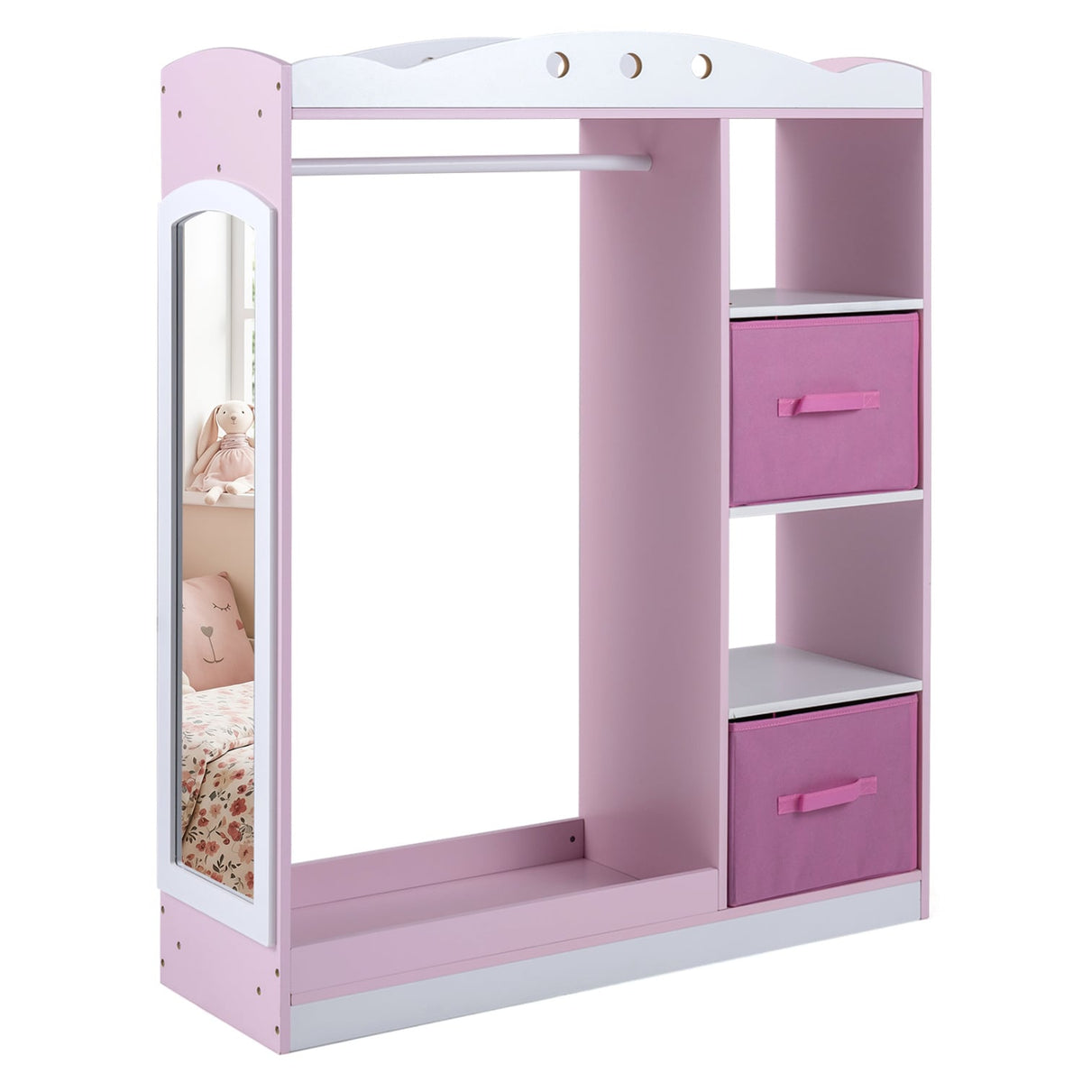 Kids Dress Up Storage with Full Length Mirror and Open Shelves-Pink