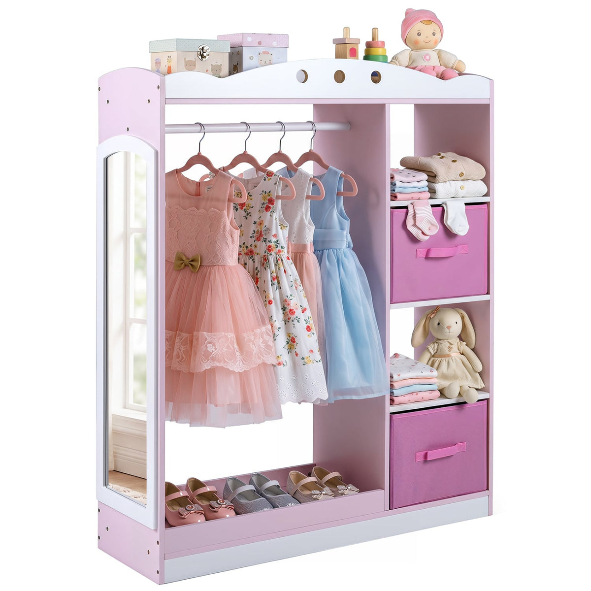Kids Dress Up Storage with Full Length Mirror and Open Shelves-Pink view 4