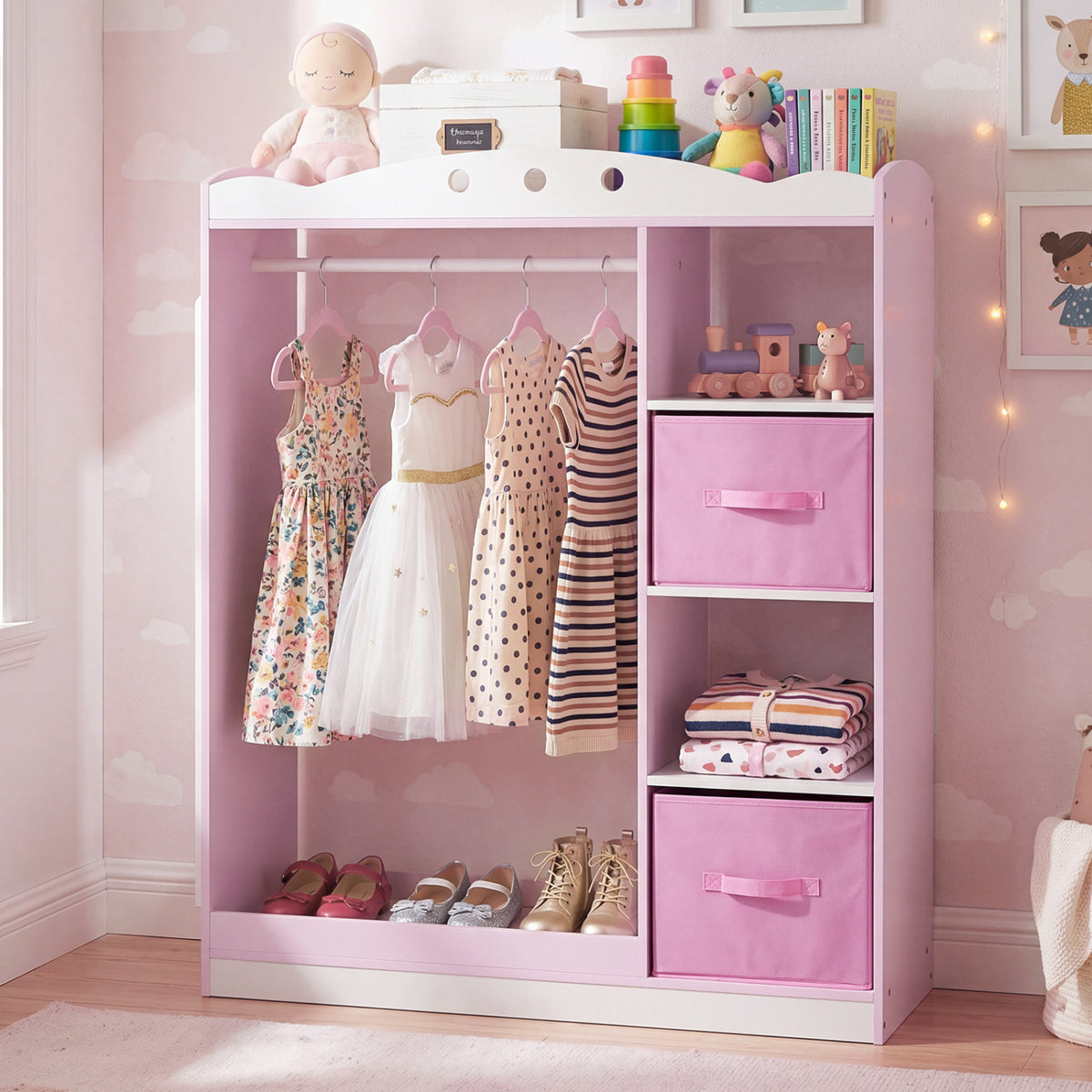 Kids Dress Up Storage with Full Length Mirror and Open Shelves-Pink view 3