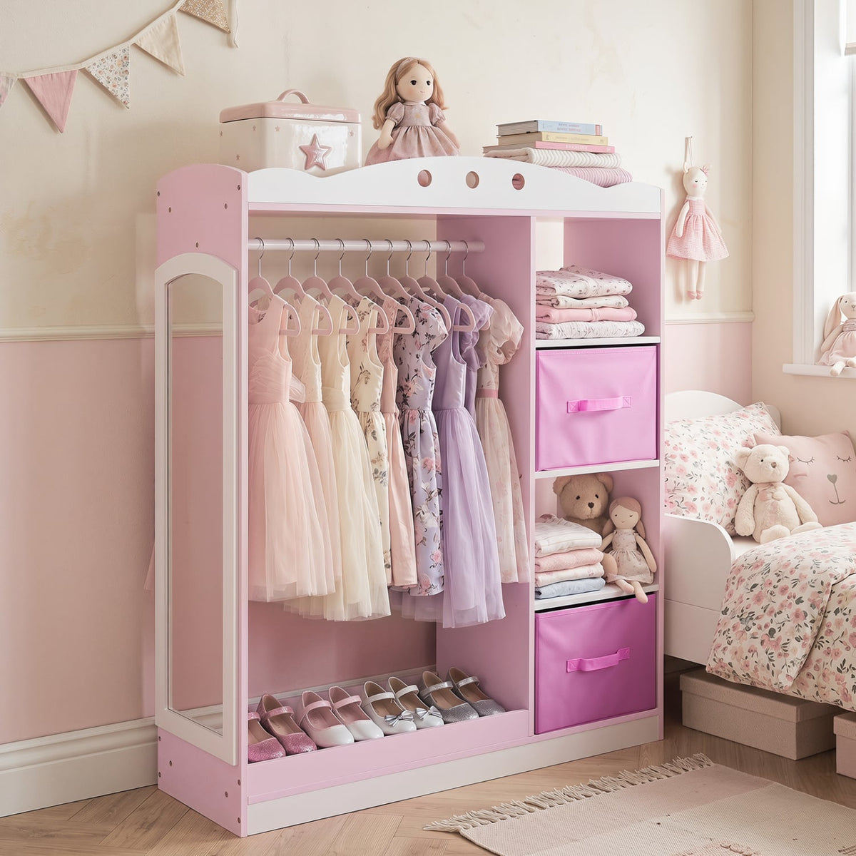 Kids Dress Up Storage with Full Length Mirror and Open Shelves-Pink view 6