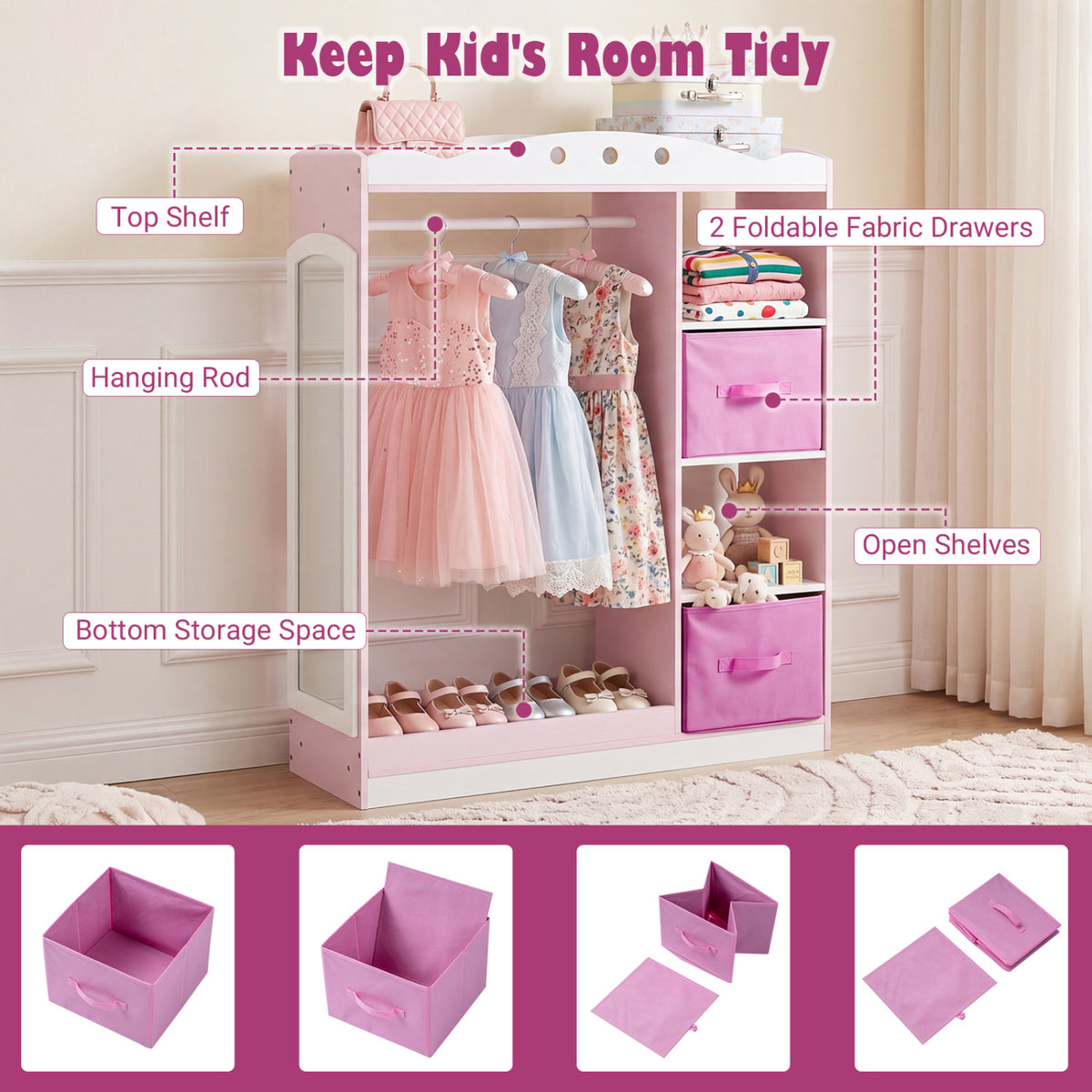 Kids Dress Up Storage with Full Length Mirror and Open Shelves-Pink view 7
