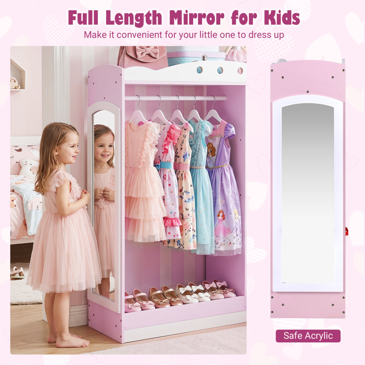 Kids Dress Up Storage with Full Length Mirror and Open Shelves-Pink view 8