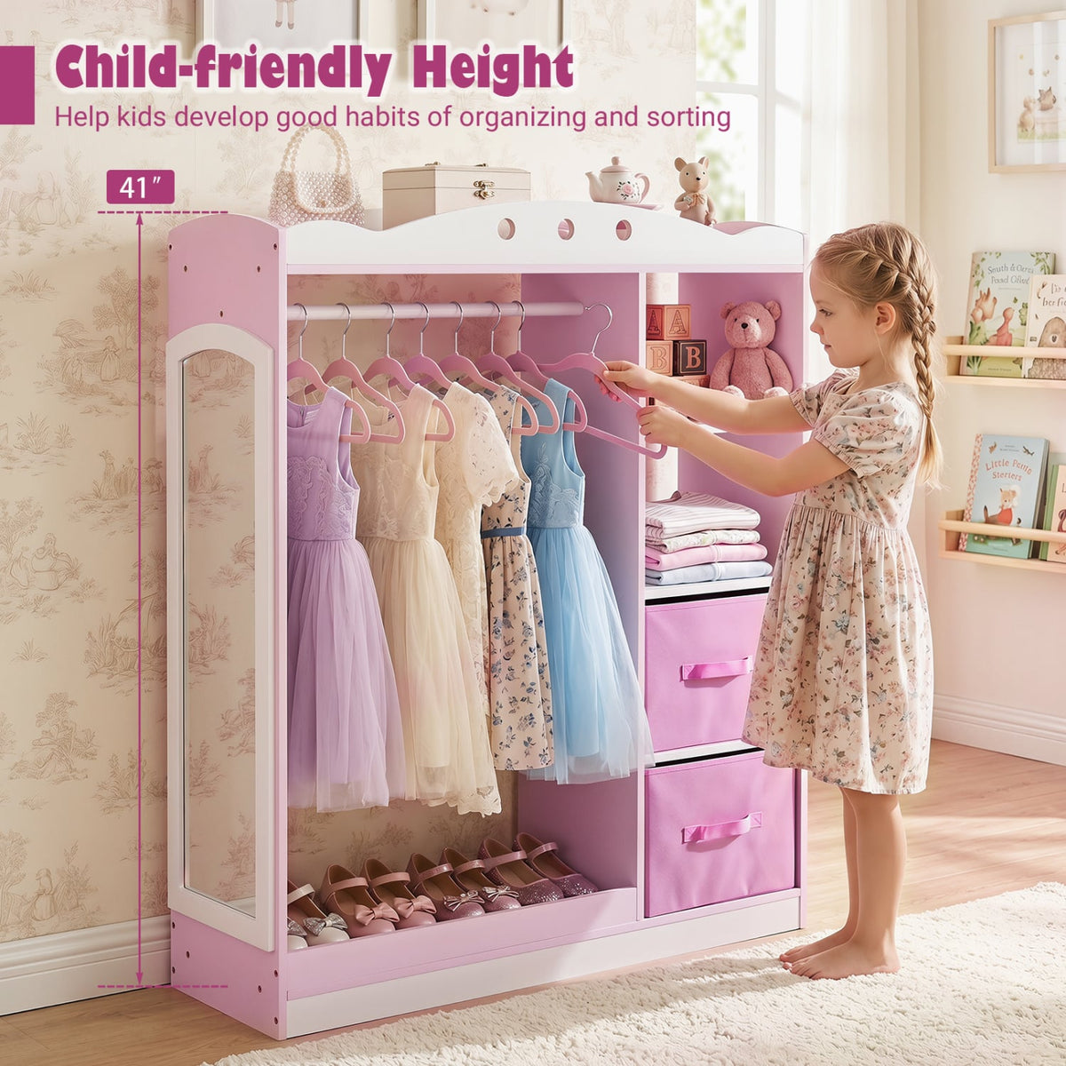 Kids Dress Up Storage with Full Length Mirror and Open Shelves-Pink view 9