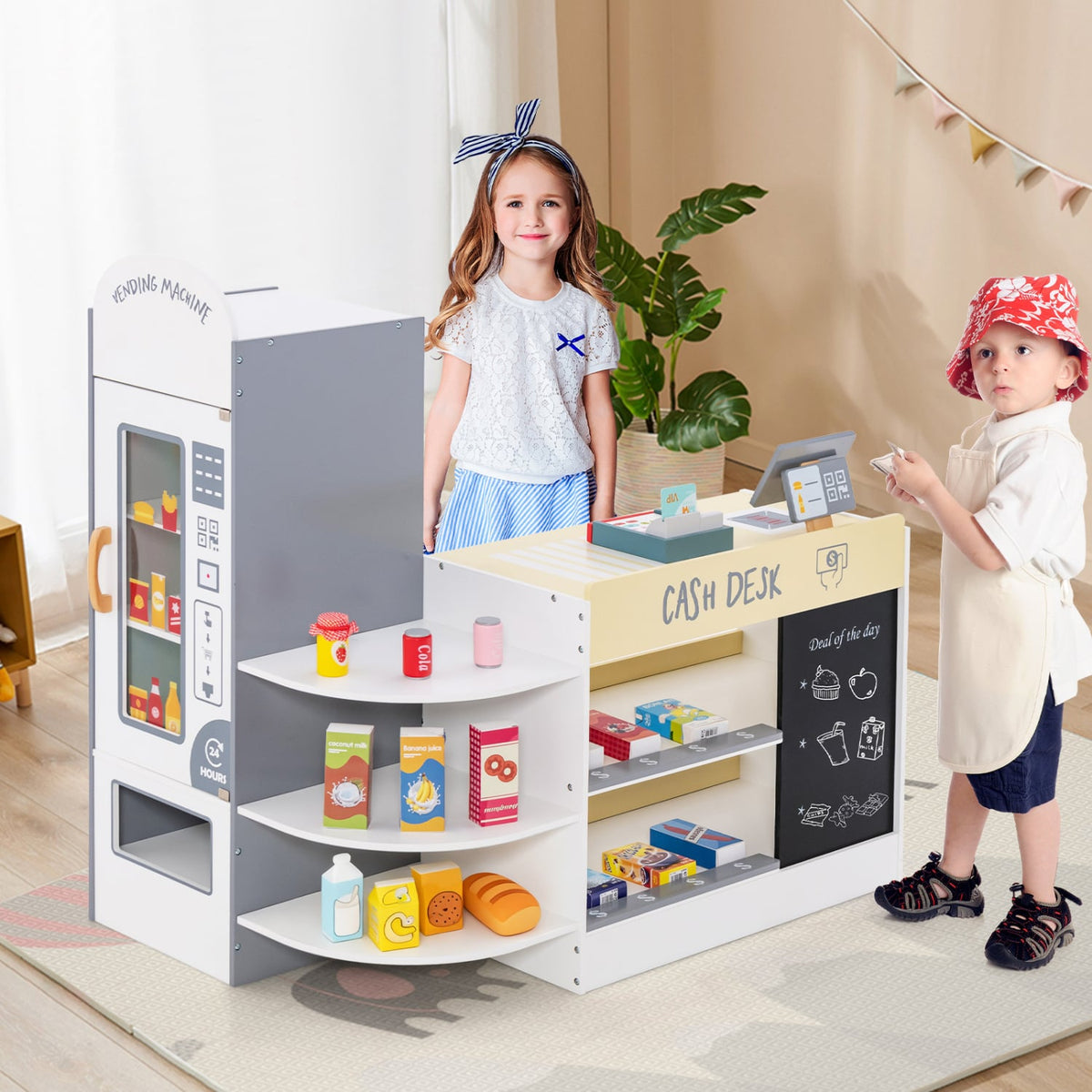 Kids Grocery Store Playset with Cash Register POS Machine-White view 2