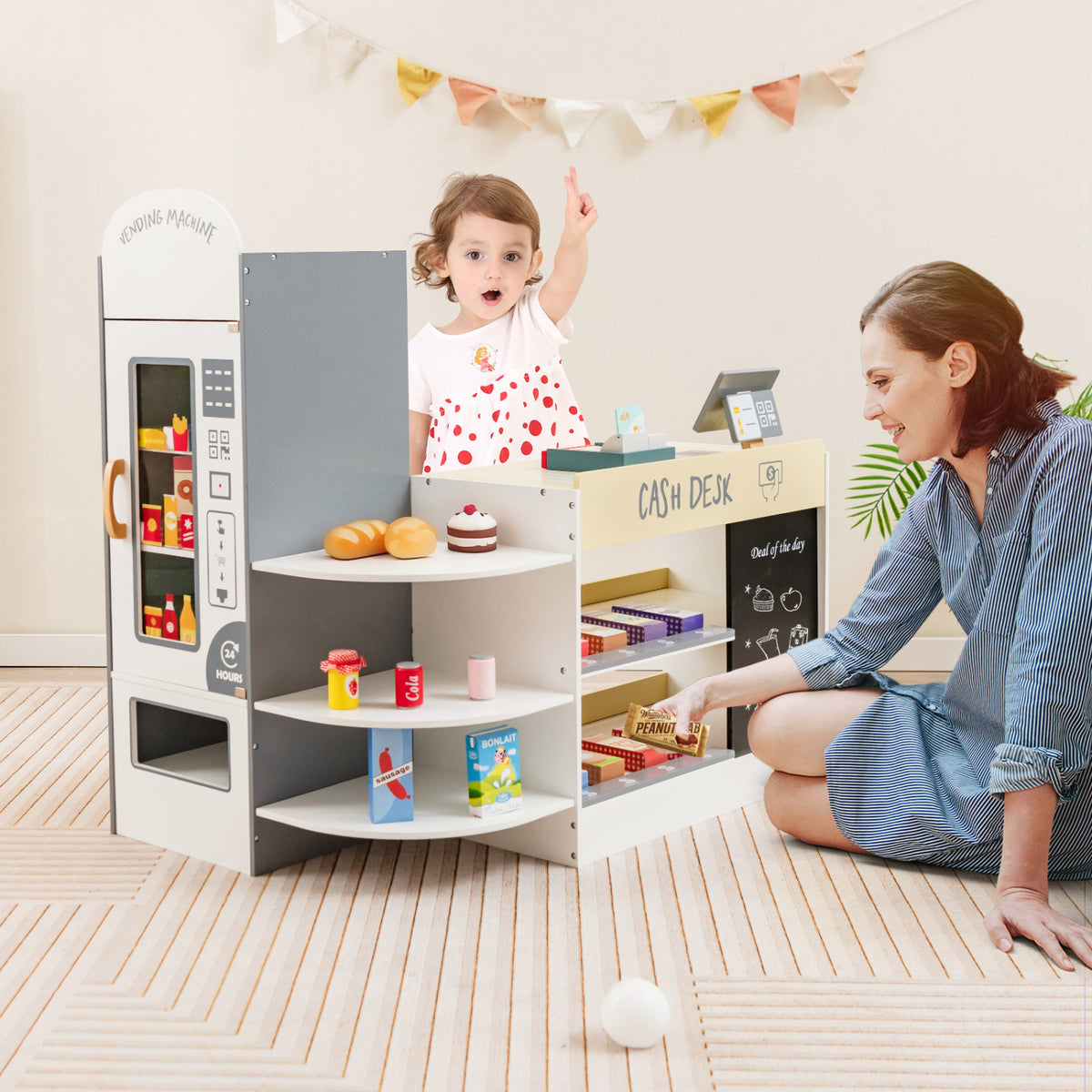 Kids Grocery Store Playset with Cash Register POS Machine-White view 3
