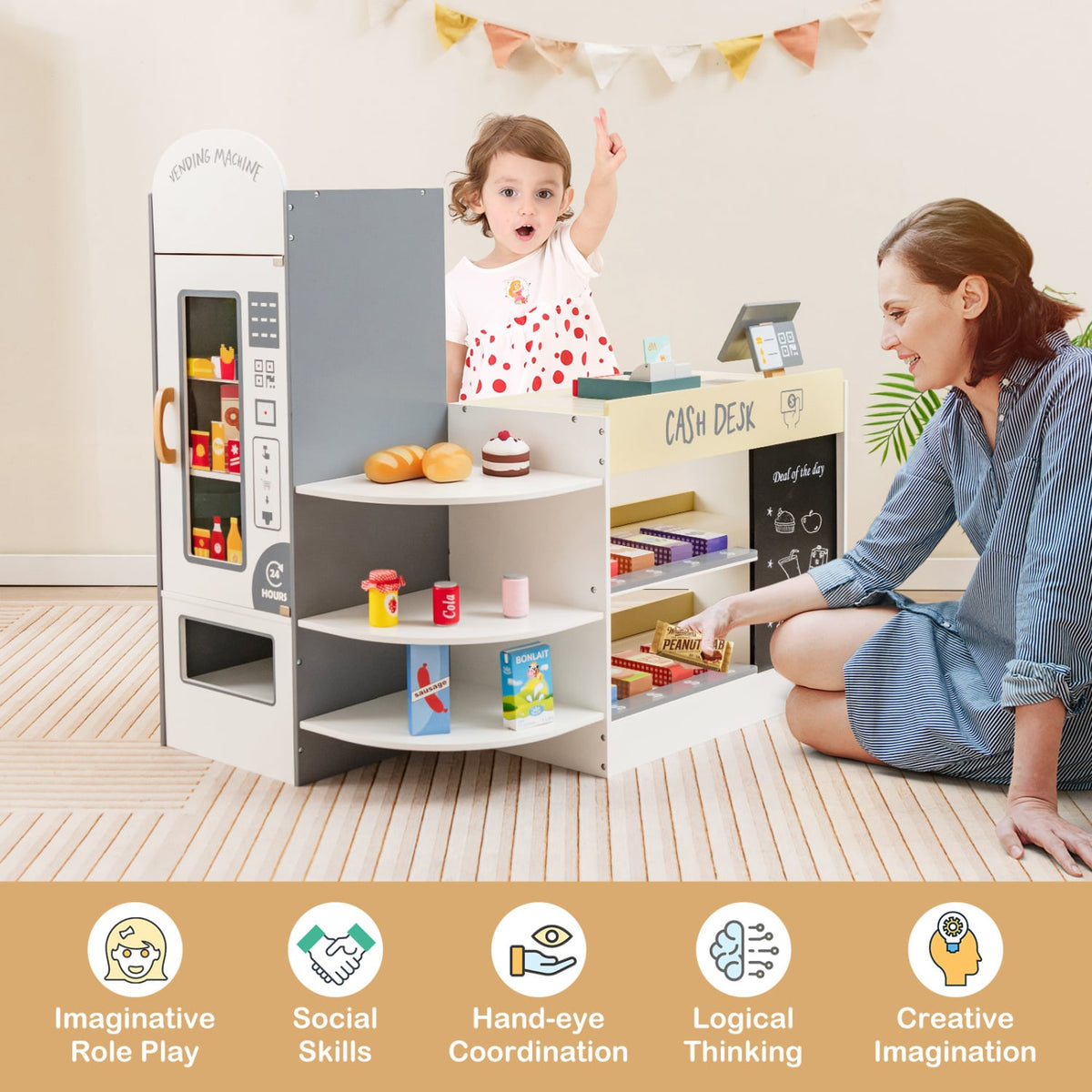 Kids Grocery Store Playset with Cash Register POS Machine-White view 8