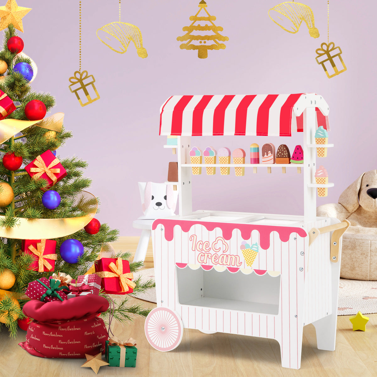 Kids Ice Cream Cart Playset with Display Rack and Accessories-Red view 3