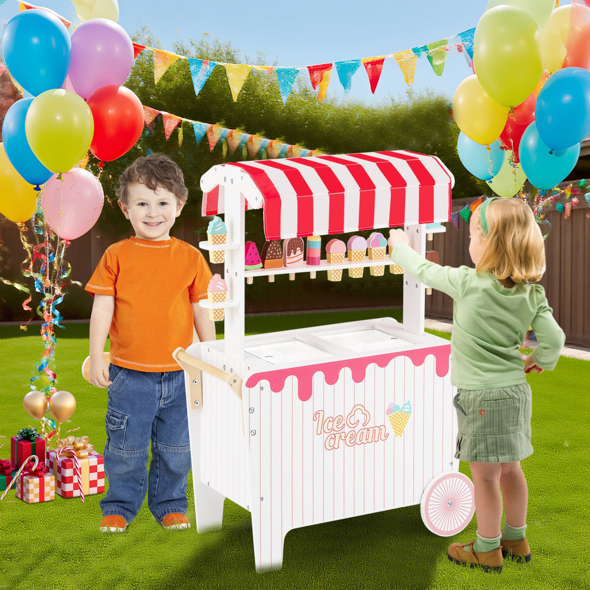 Kids Ice Cream Cart Playset with Display Rack and Accessories-Red view 6