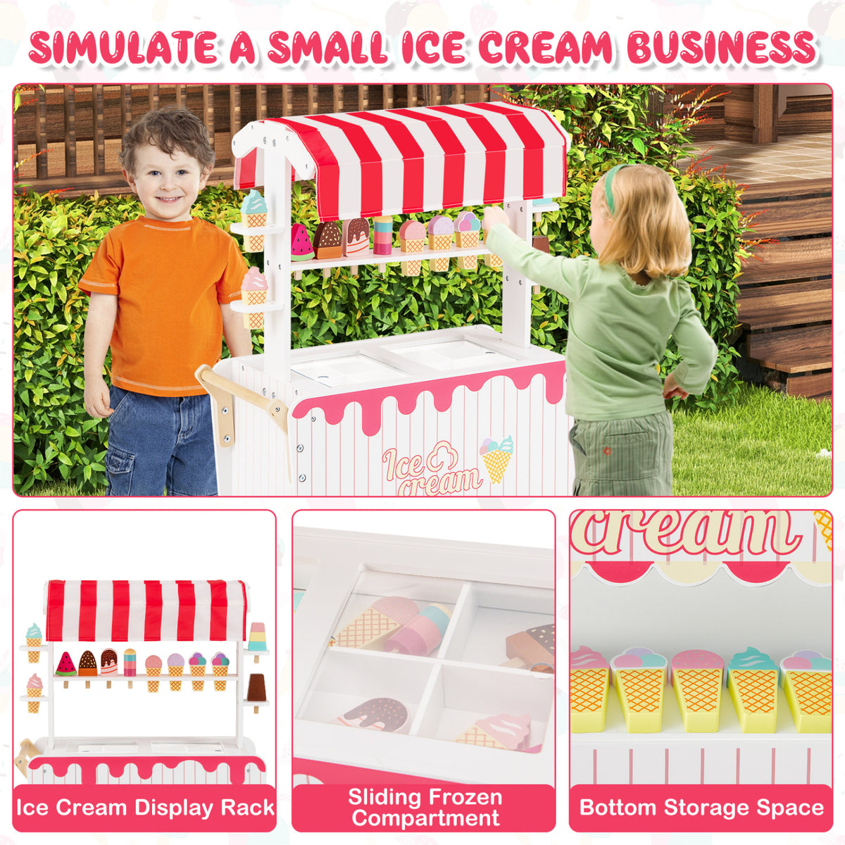 Kids Ice Cream Cart Playset with Display Rack and Accessories-Red view 8